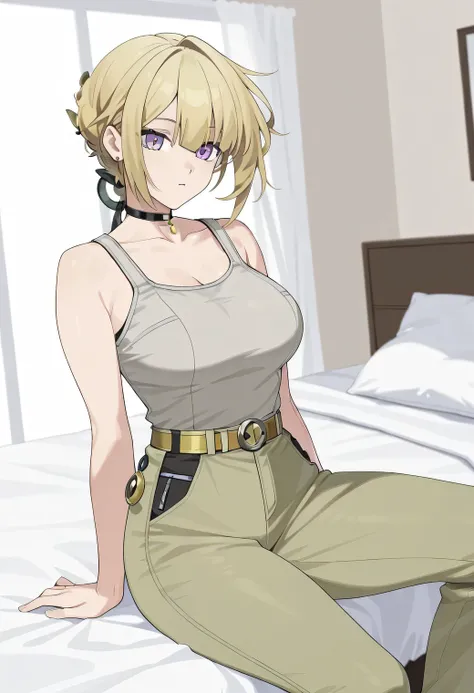 1girl, solo, evelyn chevalier, purple eyes, blonde hair, short hair, yellow jewelry, olive green khaki pants, sexy yellow belt, light gray tank top that is tucked into her khaki pants, OLIVE GREEN PANTS, OLIVE GREEN KHAKI PANTS, light gray tank top, LIGHT ...