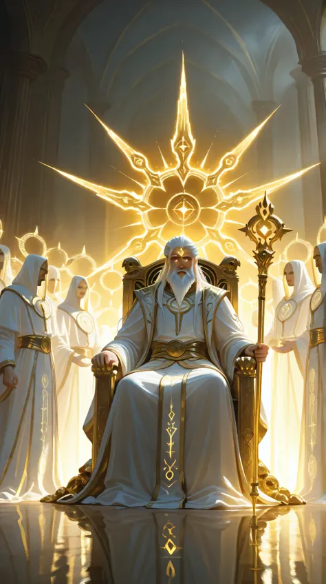 An ancient, divine being sitting on a majestic golden throne in a celestial hall, long white beard and flowing white hair, glowing eyes of pure light, dressed in a white robe with intricate golden mystical patterns, a golden sash around his waist, left han...