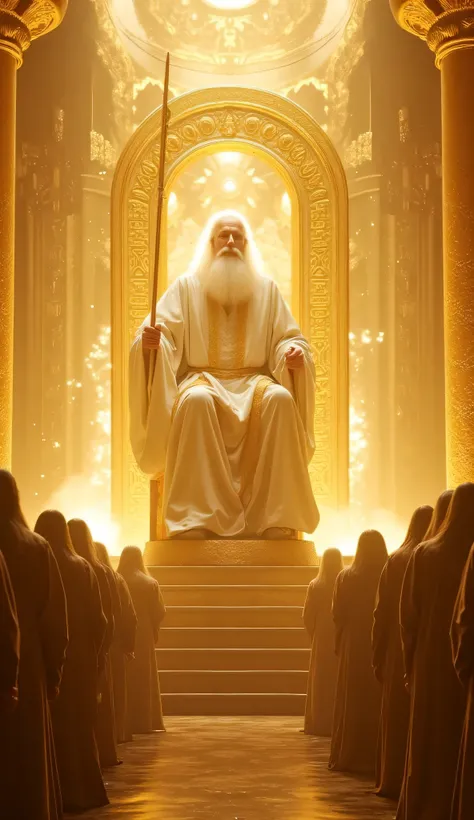 An ancient, divine being sitting on a majestic golden throne in a celestial hall, long white beard and flowing white hair, glowing eyes of pure light, dressed in a white robe with intricate golden mystical patterns, a golden sash around his waist, left han...