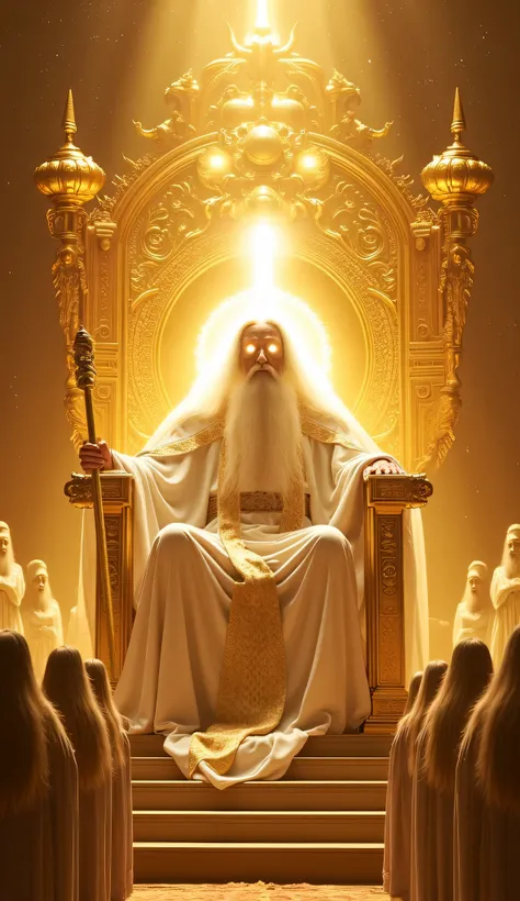 An ancient, divine being sitting on a majestic golden throne in a celestial hall, long white beard and flowing white hair, glowing eyes of pure light, dressed in a white robe with intricate golden mystical patterns, a golden sash around his waist, left han...