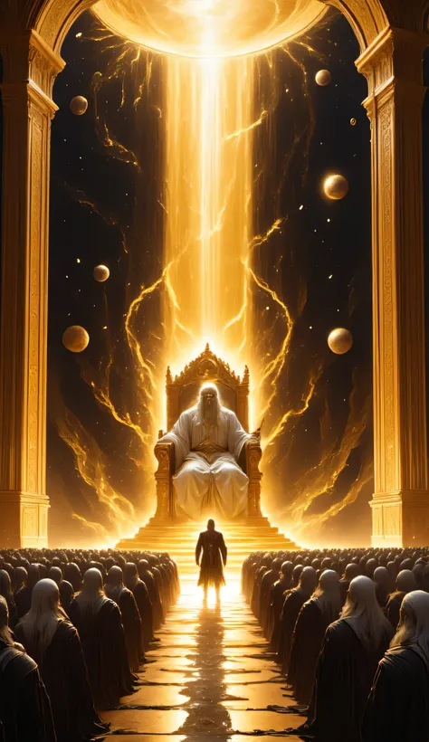 An ancient, divine being sitting on a majestic golden throne in a celestial hall, long white beard and flowing white hair, glowing eyes of pure light, dressed in a white robe with intricate golden mystical patterns, a golden sash around his waist, left han...
