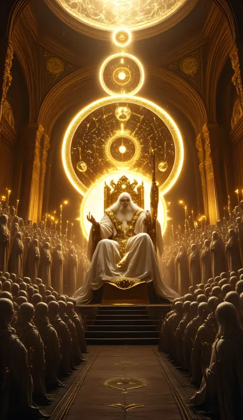 An ancient, divine being sitting on a majestic golden throne in a celestial hall, long white beard and flowing white hair, glowing eyes of pure light, dressed in a white robe with intricate golden mystical patterns, a golden sash around his waist, left han...