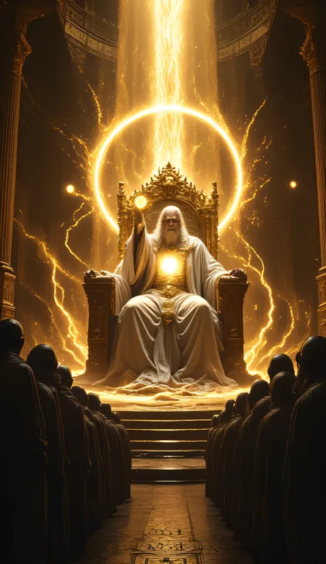 An ancient, divine being sitting on a majestic golden throne in a celestial hall, long white beard and flowing white hair, glowing eyes of pure light, dressed in a white robe with intricate golden mystical patterns, a golden sash around his waist, left han...