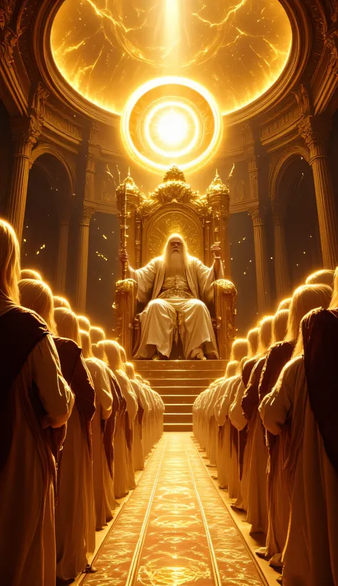 An ancient, divine being sitting on a majestic golden throne in a celestial hall, long white beard and flowing white hair, glowing eyes of pure light, dressed in a white robe with intricate golden mystical patterns, a golden sash around his waist, left han...