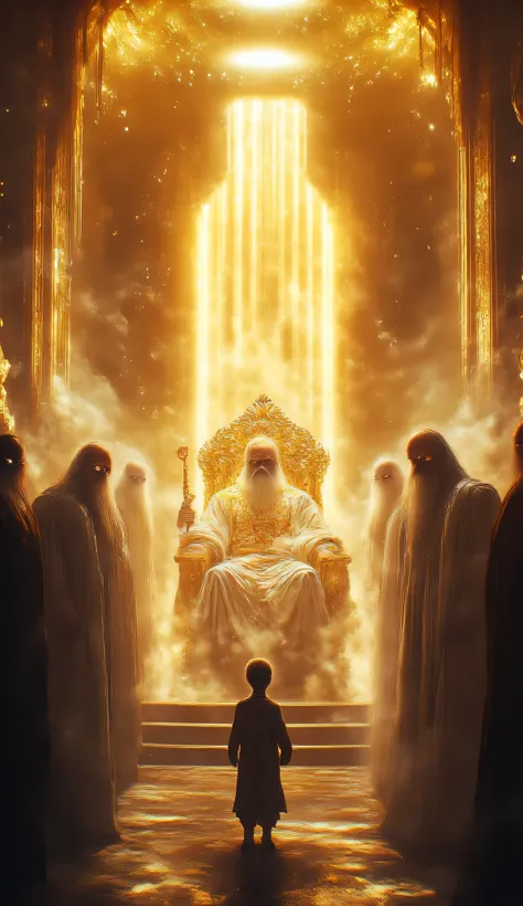 A celestial throne room filled with radiant golden light, at the center a majestic divine being sits on a colossal golden throne, long white beard, glowing eyes of pure light, dressed in a flowing white robe with golden mystical patterns, a golden sash aro...