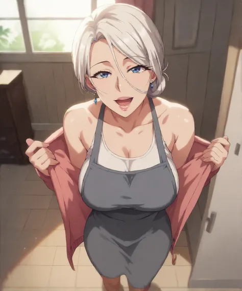 Yumiko Kimura, best quality, masterpiece, ultra detailed, high quality, high resolution, 1 girl, beautiful mature woman, white hair, bun, blue eyes, earrings, beautiful, , perfect face, smile, open mouth, looking at viewer, (tight gray dress, tank top, car...