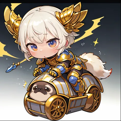 masterpiece,high resolution,top-quality,top-quality real texture skin,surrealistic,increase resolution,best quality,wallpaper,cinematic lighting, Raytrace , golden ratio,),( chibi:1.6,cute, cute, Gold,floating hair,Knight,white armor,bow spear,Cavalry atta...