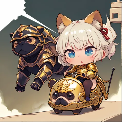 masterpiece,high resolution,top-quality,top-quality real texture skin,surrealistic,increase resolution,best quality,wallpaper,cinematic lighting, Raytrace , golden ratio,),( chibi:1.6,cute, cute, Gold,floating hair,Knight,white armor,bow spear,Cavalry atta...