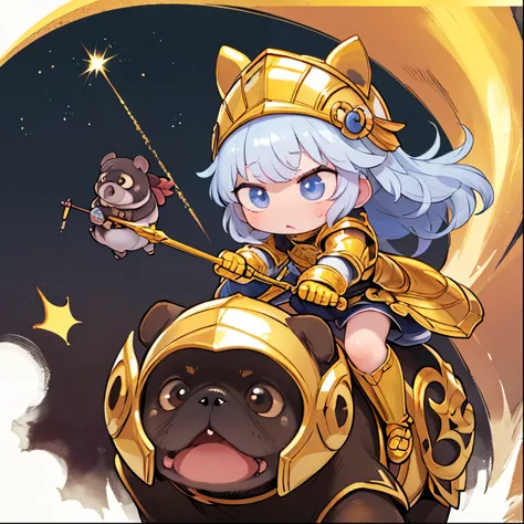 masterpiece,high resolution,top-quality,top-quality real texture skin,surrealistic,increase resolution,best quality,wallpaper,cinematic lighting, Raytrace , golden ratio,),( chibi:1.3,cute, cute, Gold,floating hair,Knight,white armor,bow spear,Cavalry atta...