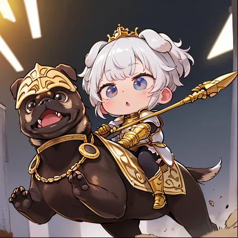masterpiece,high resolution,top-quality,top-quality real texture skin,surrealistic,increase resolution,best quality,wallpaper,cinematic lighting, Raytrace , golden ratio,),( chibi:1.3,cute, cute, Gold,floating hair,Knight,white armor,bow spear,Cavalry atta...