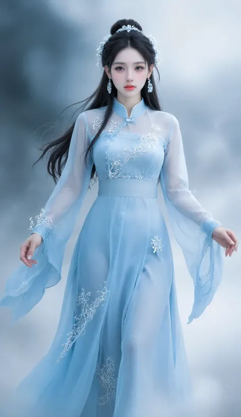 masterpiece, best quality, 1girl, elegant cultivator, wearing a light blue traditional Chinese robe, made of sheer and flowing silk fabric, with delicate cloud and floral patterns embroidered on the collar, cuffs and hem, loose - fitting sleeves, standing ...
