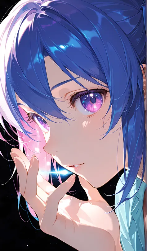 (( 1 girl on break day)), Symphosia 、kazanari Tsubasa 、Toyoake Yoshishi 、black background,colorful, loose clothes,face close-up, "Hands Seen in Natural Poses", "Attractive Eye Reflections",from the side,beautiful eyes on my stomach, lively, Shining Contou...