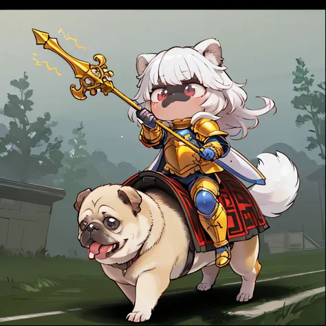 masterpiece,high resolution,top-quality,top-quality real texture skin,surrealistic,increase resolution,best quality,wallpaper,cinematic lighting, Raytrace , golden ratio,),( chibi:1.3,cute, cute, Gold,floating hair,Knight,white armor,bow spear,Cavalry atta...