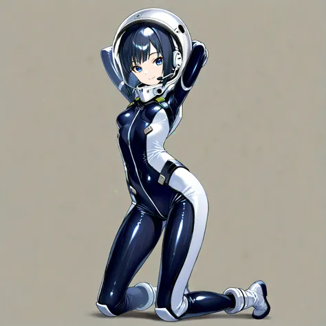 (masterpiece、Highest Quality、highest resolution、 clear image 、 Detailed Details ):(full body、20 year old girl、 improves white space outfits The Face of Japan 、Shaoyang、 slim、 Dark blue super short bob-cut hair 、(Hidden small breasts:1.3)、 Shining Blue ...