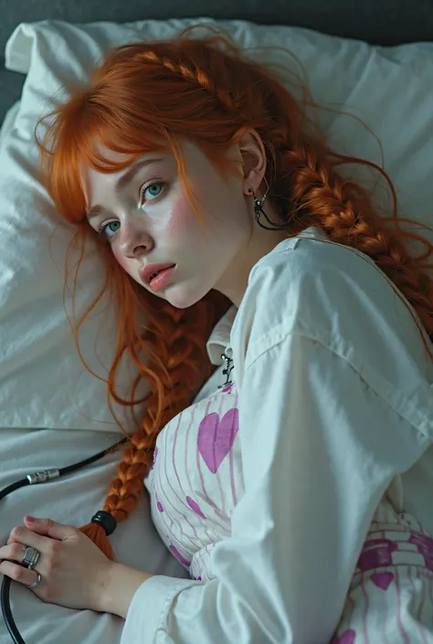 Finnish girl in her early twenties with long copper hair in two braids with bangs, pale skin, green eyes, and freckles, wearing white shirt with pink and purple hearts, vertical thin pink-and-white striped overalls, and white kneesocks, lying in bed. A not...