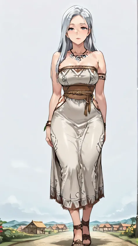 (((masterpiece))), ((best quality)), ((highres, absurdres)), (detailed), anime, 1girl, solo, full body, voluptuous, detailed face, impressive silver hair, knee-length strapless gray tribal dress, adorned with tribal patterns and vines, accentuating curves,...