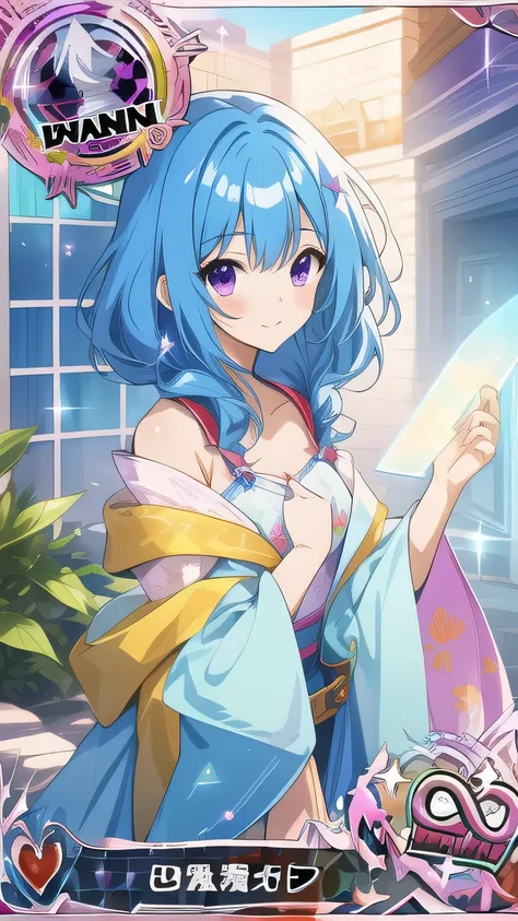 Rare Card Awakening　girl with blue glowing hair　　becomes a high rarity card　hologram limited illustration card sparkles　Highest rarity　SSR　purple luxury costume　(sides)