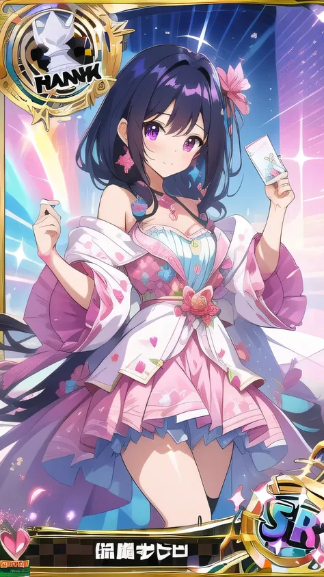 Rare Card Awakening　Girl with black glowing hair　　becomes a high rarity card　hologram limited illustration card sparkles　Highest rarity　SSR　Luxury costume in pink