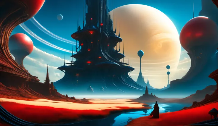 floating alien castles, surreal sky realm, twisted gravity-defying architecture, surreal twilight with twin suns, magnetic fields and energy pulses, glowing color-infused materials, electric blue highlights, wheat and khaki stone textures, dark candy apple...