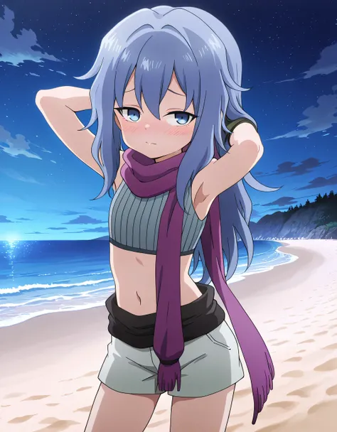 Hagi, blue eyes, blue hair, long hair, crop top, sleeveless, purple scarf, shorts, high quality, solo, cowboy shot, (contrapposto), hands behind head, closed mouth, night sky, beach, looking at viewer, blushing, shy, best quality