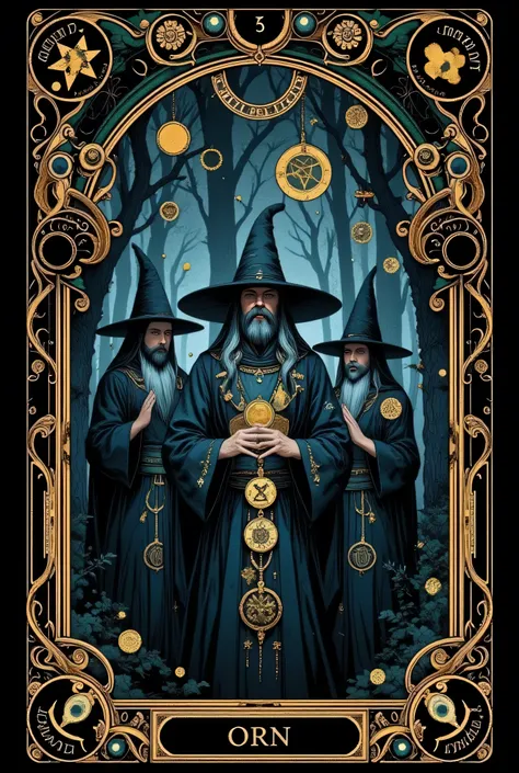 (Tarot card: 1.0), frame, cardgame design, numerical points in corners, text in frame. Three wizards in priests' robes chantinging in dark forest、Scandanavian men, grey eyes、brunette hair、beards. Encircling tree々Vines、Multiple symbols floating around、一貫して...
