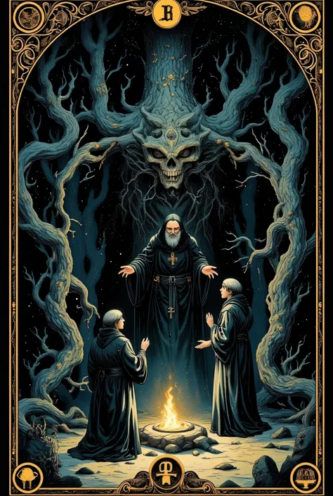 (Tarot card: 1.0), frame, cardgame design, numerical points in corners. Three wizards in priests' robes chantinging in dark forest、Scandanavian men, grey eyes、brunette hair、beards. Encircling tree々Vines、Multiple symbols floating around、一貫して pattern化された作品、...