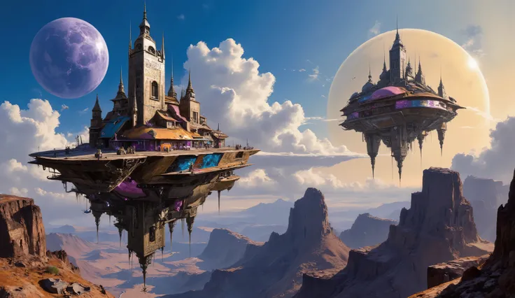 Magical floating fortresses in an alien dimension, surreal sky of twin suns and shifting clouds, color-rich stones glowing from within, dramatic shadows and underlighting reveal a futuristic yet mythical realm, Roger Dean meets high-concept sci-fi, painted...