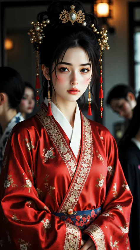 8k, Masterpiece, Top Quality, eye-level medium shot, standing woman, dark black hair elaborate traditional updo hair ornaments, dark eyes looking directly viewer, bold red lips, long delicate earrings, traditional Chinese Hanfu style deep red robe wide sleeves, white under layer collar, intricate gold patterned trim V-neck edge, soft diffused studio light, blurred indistinct dark indoor background other figures out of focus, traditional, photorealistic.

