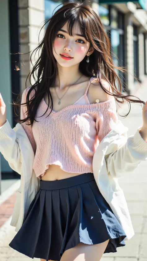 8k, Masterpiece, Top Quality, Medium shot, eye-level, dark brown hair, bangs, fair complexion, gentle smile, slightly off-camera gaze, light pink sweater, dark blue pleated mini skirt, pale pink underwear, white blazer, silver necklace, outdoors, walkway,...
