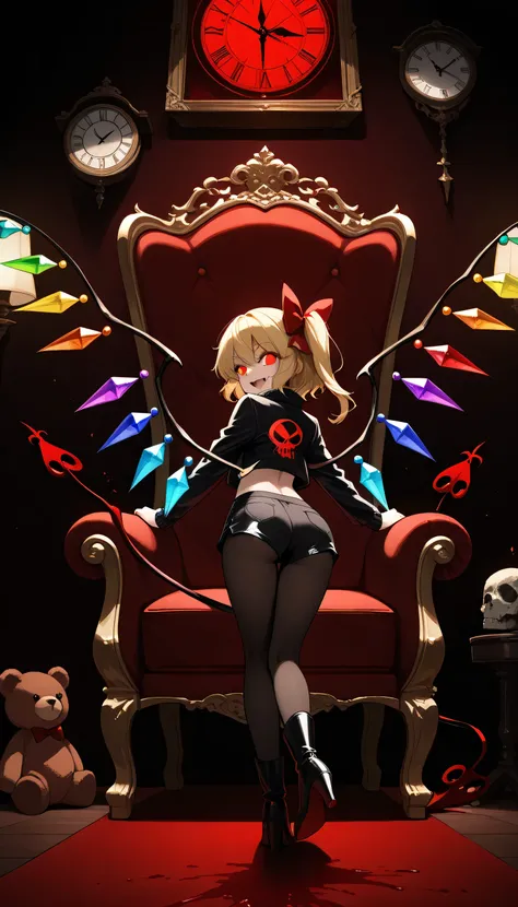,Give your images flat even illumination (negative) or dramatic chiaroscuro lighting (positive). Huge breast,  1girl, flandre_scarlet, wings, solo, ass, pantyhose, teddy_bear, stuffed_animal, red_eyes, stuffed_toy, high_heels, blonde_hair, laevatein_(touho...
