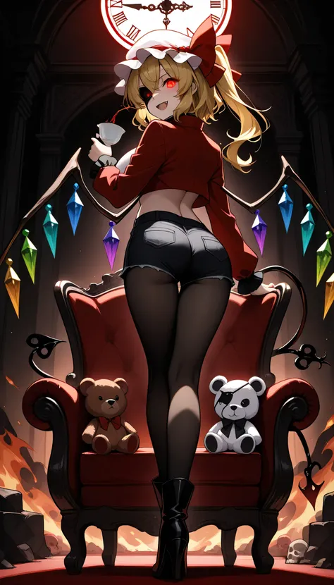 ,Give your images flat even illumination (negative) or dramatic chiaroscuro lighting (positive). Huge breast,  1girl, flandre_scarlet, wings, solo, ass, pantyhose, teddy_bear, stuffed_animal, red_eyes, stuffed_toy, high_heels, blonde_hair, laevatein_(touho...