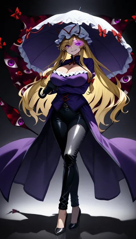 ,Give your images flat even illumination (negative) or dramatic chiaroscuro lighting (positive). Huge breast,  glowing eyes,,Front view,1girl, gap_(touhou), blonde_hair, solo, bug, green_eyes, long_hair, butterfly, gloves, pants, umbrella, breasts, black_p...