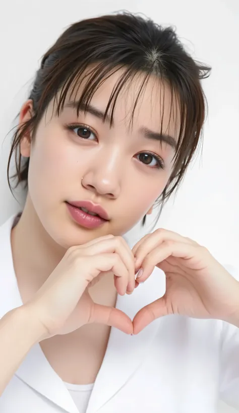 smile making a heart shape with hands:2.0、Tilt her face slightly to the right ;2.1 (Ultra-precise human anatomy , Highest Quality、RAW Photo、8k、32K、masterpiece、realistic、photorealistic:1.37)、images of cute Japanese women removing items from shelves、tank to...