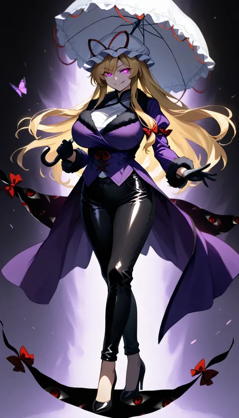 ,Give your images flat even illumination (negative) or dramatic chiaroscuro lighting (positive). Huge breast,  glowing eyes,,Front view,1girl, gap_(touhou), blonde_hair, solo, bug, green_eyes, long_hair, butterfly, gloves, pants, umbrella, breasts, black_p...