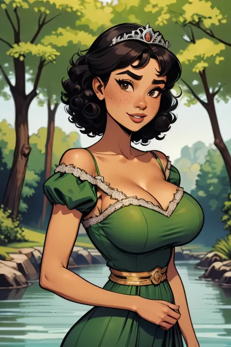 ( Absurdo, hd , Ultra detailed, be careful with your hand ) Close-up view of a thin and athletic woman, 25 anos, 8k (( high definition )), Beautiful Smile, look seductive, brown eyes sweater, wearing a long forest green dress with a high waist (( with lac...