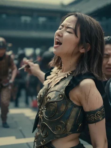 I'm painfully searching, 弓と矢が彼女の体に突き刺さりsufferingしてscreamをあげている , suffering, Cry of pain, eyes closed, masterpiece, high resolution, scratch, Torn, scratchだらけ, , , wet, It's raining heavily , uniform is torn 、I can see his chest and nipples , Decorated Pa...