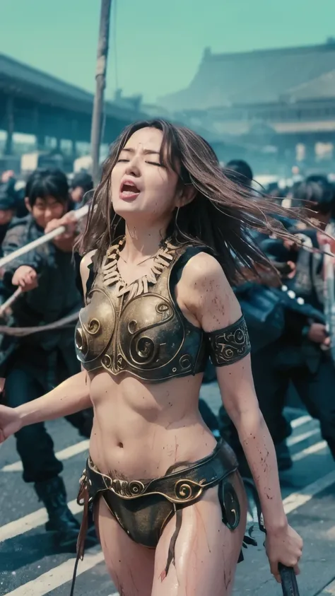 I'm painfully searching, 弓と矢が彼女の体に突き刺さりsufferingしてscreamをあげている , suffering, Cry of pain, eyes closed, masterpiece, high resolution, scratch, Torn, scratchだらけ, , , wet, It's raining heavily , uniform is torn 、I can see his chest and nipples , Decorated Pa...