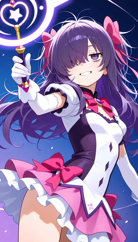 masterpiece, best quality, high quality, good quality, pastel colors, colorful, masterpice, (chibi-style anime illustration ), score_9, score_8_up, score_7_up, score_6_up, 1girl,solo,long hair,dark purple hair, ((messy hair)), hair over one eye, (hair over...
