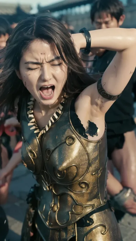 I'm painfully searching, 弓と矢が彼女の体に突き刺さりsufferingしてscreamをあげている , suffering, Cry of pain, eyes closed, masterpiece, high resolution, scratch, Torn, scratchだらけ, , , wet, It's raining heavily , uniform is torn 、I can see his chest and nipples , Decorated Pa...