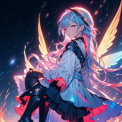 Facing the front towards the viewer、Character Design Sheet、1girl, cute, masterpiece, many decorations, high quality, very detailed, 8k, background design, long hair, straight hair, bangs, gothic, frills, lace, traditional patterns, star fairy, small wings,...