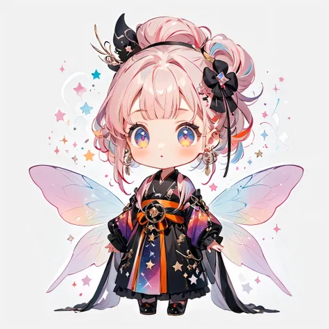 Character Design Sheet、front view、Unique and Cute Hairstyles、((( best detail、  Highest Quality、masterpiece、Super Detail、high precision)))、1 girl on break day，，Blink， （   Hair Color/Wear a colorful and cute gothic kimono costume with milky white outside and...