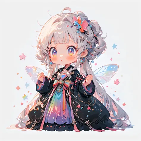 Character Design Sheet、front view、Unique and Cute Hairstyles、((( best detail、  Highest Quality、masterpiece、Super Detail、high precision)))、1 girl on break day，，Blink， （   Hair Color/Wear a colorful and cute gothic kimono costume with milky white outside and...