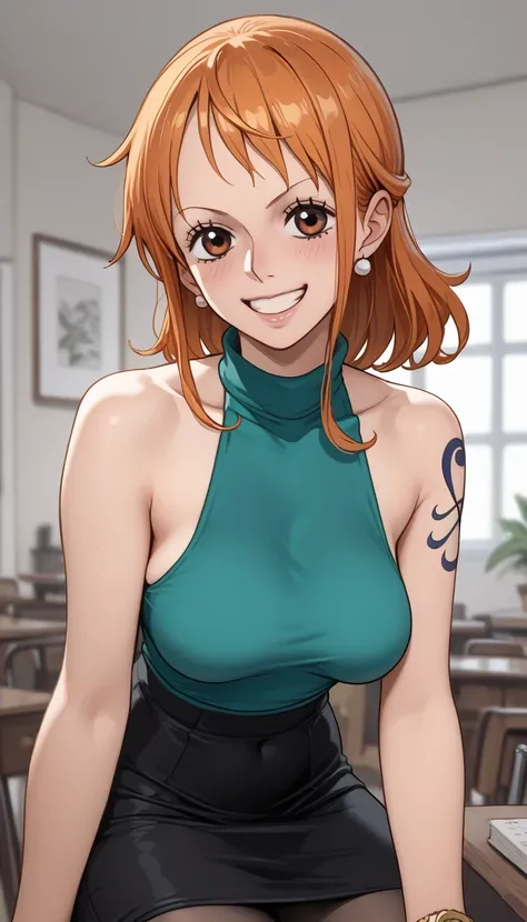 score_9, score_8_up, score_7_up, source_Anime Top Quality、8k、 masterpiece、super high accuracy、 natural light、perfect anatomy、one woman、medium breasts、((saggy breasts:1.5))、one piece、nami、orange hair、( Happy Expression )、sleeveless rib knit that rubs your c...
