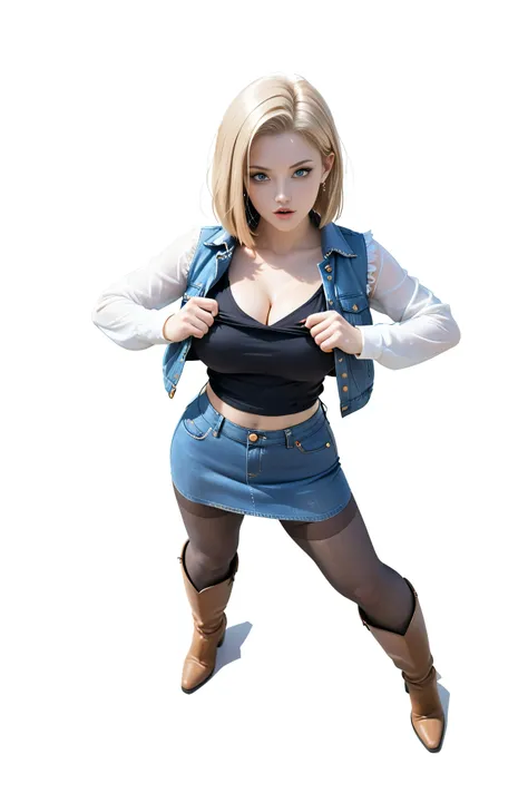 (One girl),  (Android 18), (Her body and eyes face forward), ((She sat on the steps of the bench in the forest park and outsideand lifts one side of her denim mini skirt)), ((Intentionally holding the hem of the skirt with the one hand and pushing it up)),...