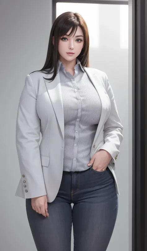 20 Years Old Tifa, Large Framed and Big-boned Body, Matured Appearance, Plump Figure, Muscular Body, Large Top Front body portrait, (Balanced Standing with Good Posture: 1.5), Wearing Long Collared Button-Down Blazer Vertical Strip Shirts and light color J...