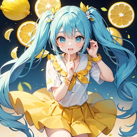Hattune Miku wearing a yellow skirt, on a white shirt, with yellow bracelets on two hands, and decorative lemon on hair.