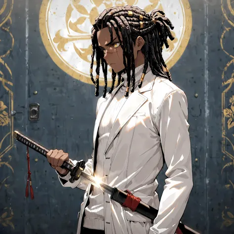 masterpiece , best quality , UHD , 1male , solo , dark skin , short dreadlocks , middle parted hair , white turtleneck sweater and cream overcoat , serious expression , scar across nose , determined yellow eyes , government background , detailed background...