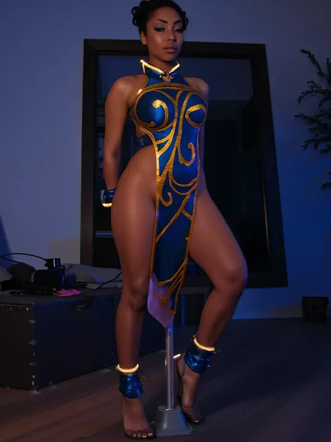 A bound african amercian black Woman pole tied  wearing tight chun-li outfit, realistic image, photoshoot, enhanced details, with bare feet, and tight glowing gold rope wrapped around her in a rope body harness lingerie. her black skin is revealed wearing ...