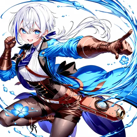high resolution、High Quality、short cut hair, low ponytail 、 white hair、stupid hair、black pantyhose 、Boyish clothes、double teeth、solo、Thick-soled boots、 asymmetric hair 、 simple eyes 、white background、standing、huge steampunk gloves、right straight p...