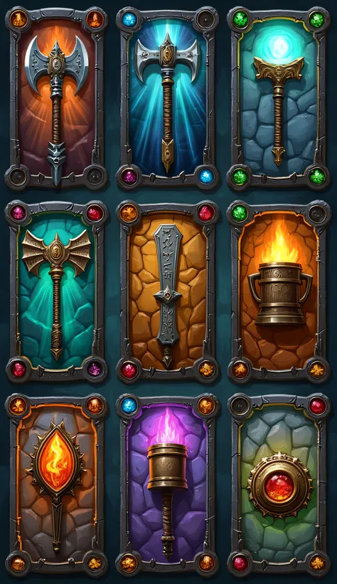collection of illustrated loot cards, Dwarven culture, Dungeons & Dragons fantasy setting, card features a unique magical item crafted by dwarves, rune-etched battleaxes, intricately forged hammers, enchanted armor pieces with glowing gemstones, tankards o...